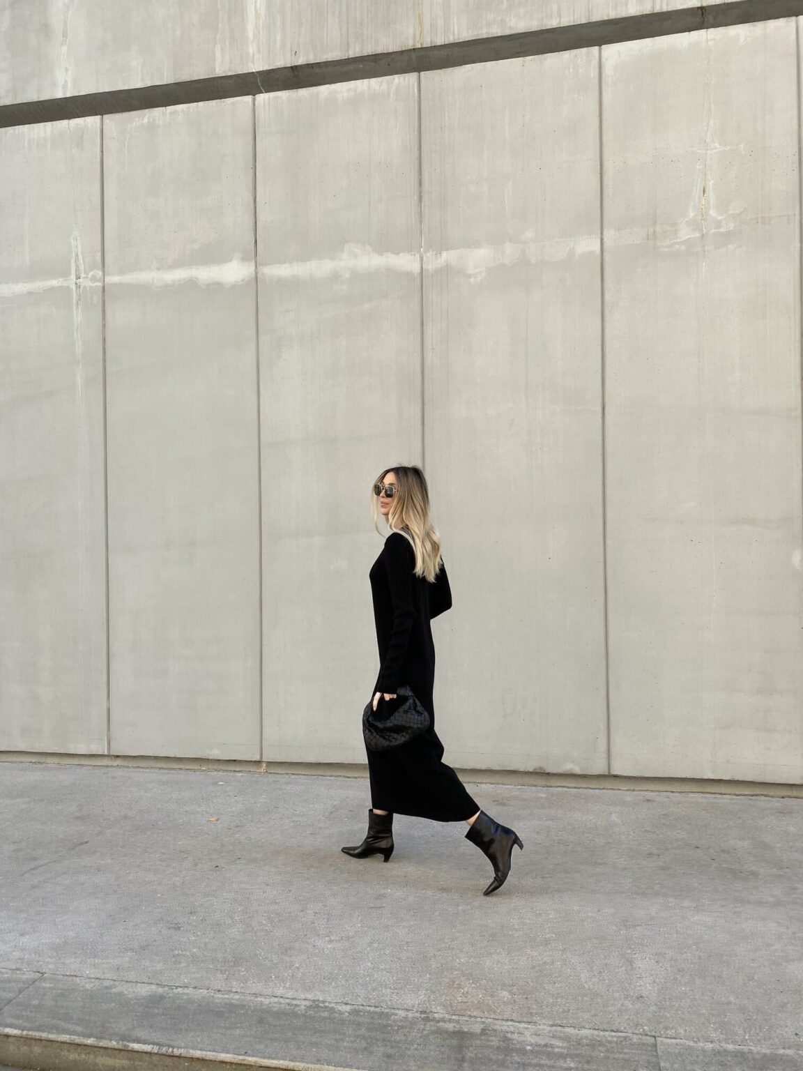 Long black merino wool dress