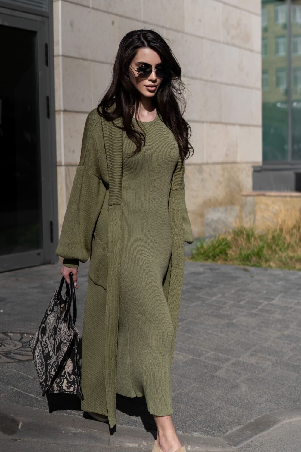 Sleeveless khaki Elita long dress