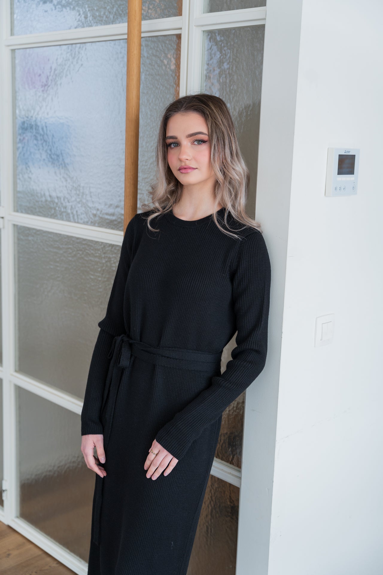 Long black merino wool dress