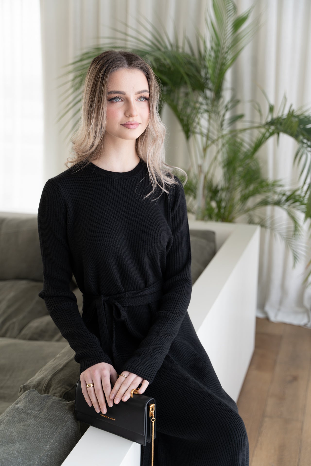Long black merino wool dress